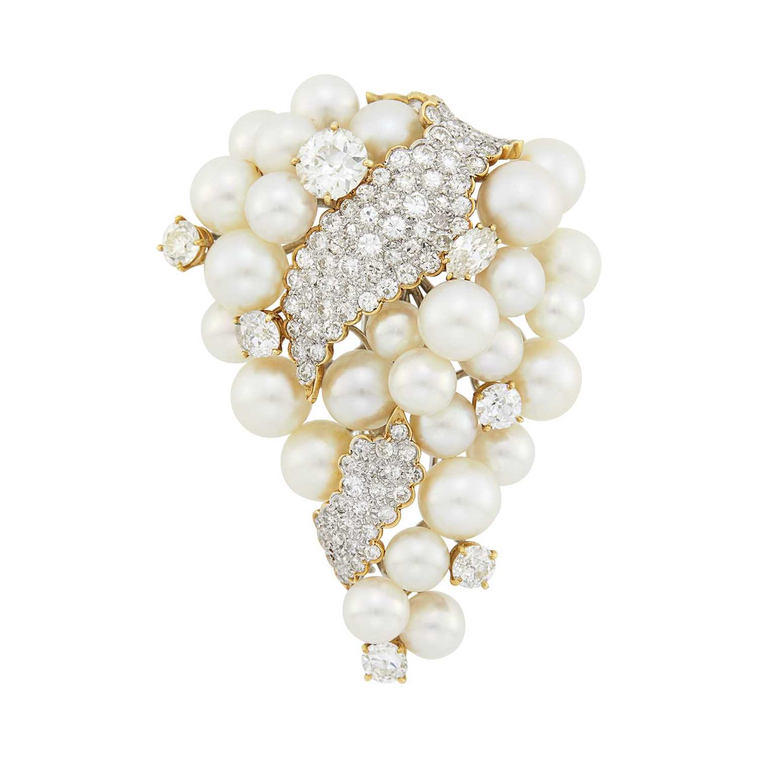 Lot 26 - David Webb Platinum, Gold, Cultured Pearl and Diamond Clip-Brooch