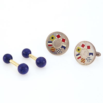 Lot 2282 - Tiffany & Co. Pair of Gold and Lapis Cufflinks and Pair of Sterling Silver and Enamel Cufflinks