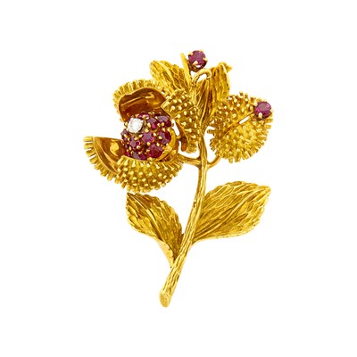 Lot 103 - Tiffany & Co. Gold, Ruby and Diamond Flower Brooch