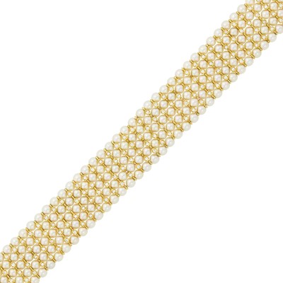Lot 1050 - Five Strand Cultured Pearl, Gold and Diamond Bracelet