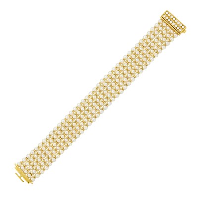 Lot 1050 - Five Strand Cultured Pearl, Gold and Diamond Bracelet