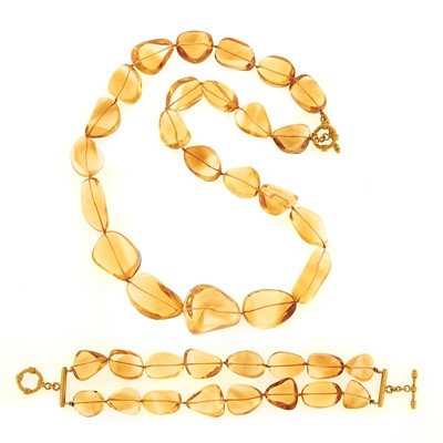 Lot 2007 - Citrine Bead Necklace and Double Strand Bracelet with High Karat Gold Clasps