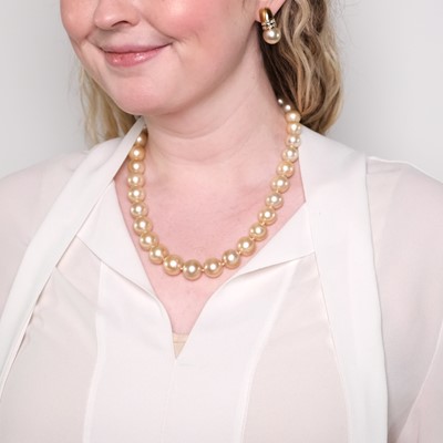 Lot 1021 - Golden Cultured Pearl Necklace and Pair of Gold, Diamond and Golden Cultured Pearl Earrings