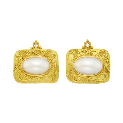 Lot 1105 - Elizabeth Gage Pair of Gold, Mabé Pearl and Diamond Earclips