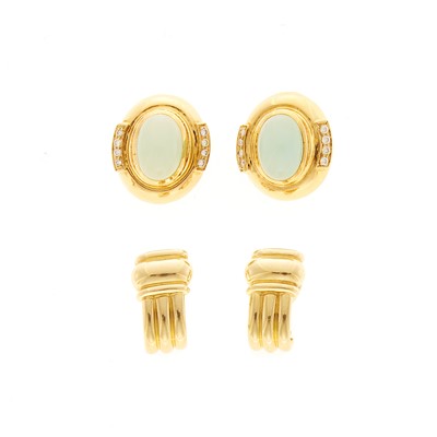 Lot 2012 - Pair of Gold, Blue Chalcedony and Diamond Earrings with Pair of Gold Earrings