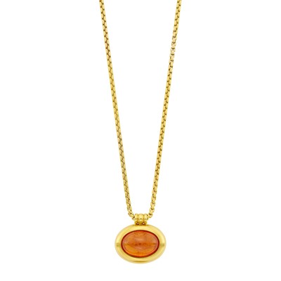 Lot 1015 - Gold and Cabochon Orange Garnet Pendant With Gold Chain Necklace