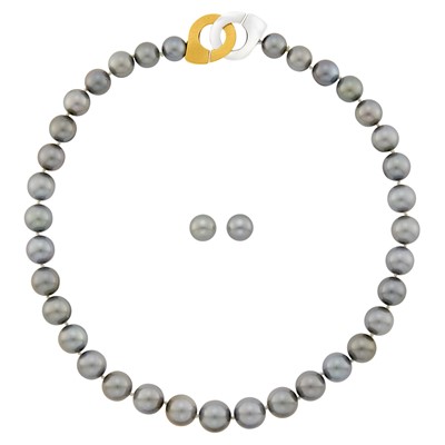 Lot 1041 - Tahitian Gray Cultured Pearl Necklace with Two-Color Gold Clasp and Pair of Stud Earrings