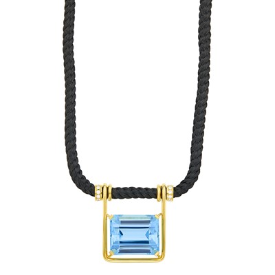 Lot 1026 - Gold, Aquamarine and Diamond Pendant with Black Silk Cord Necklace