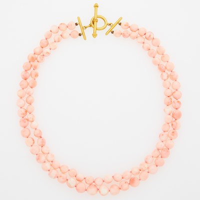 Lot 1116 - Double Strand Coral Bead Necklace with Gold Toggle Clasp