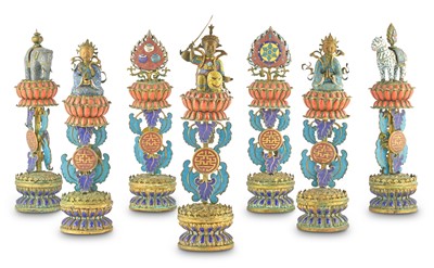 Lot 522 - Seven Chinese Champlevé Enamel and Gilt Copper Altar Emblems