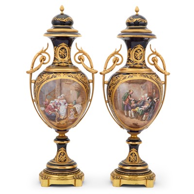 Lot 396 - Pair of Sèvres Style Gilt-Metal Mounted Cobalt Ground Porcelain Two-Handled Covered Vases