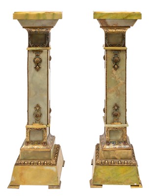 Lot 397 - Pair of French Champlevé Enameled Metal and Onyx Pedestals