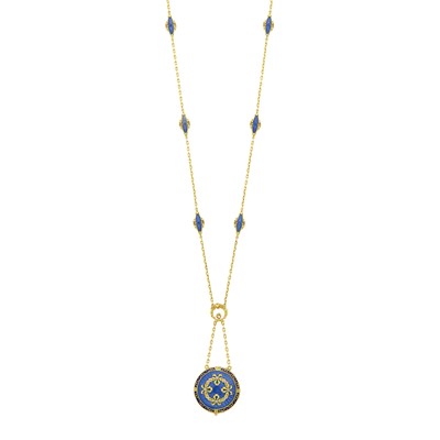 Lot 1097 - Antique Gold, Platinum, Blue Guilloché Enamel and Diamond Locket Pendant-Necklace, France