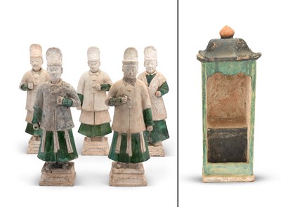 Lot 615 - A Group of Chinese Sancai Glazed Pottery of Attendants and a Sedan Chair