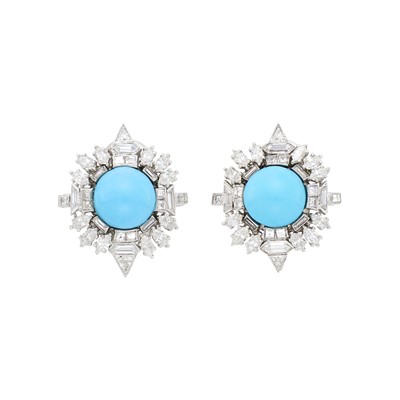 Lot 1123 - Pair of Platinum, White Gold, Turquoise and Diamond Earclips