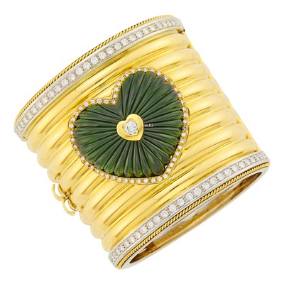 Lot 1018 - Two-Color Gold, Carved Tourmaline and Diamond Cuff Bangle Bracelet