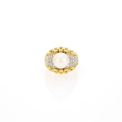Lot 1025 - Gold, Cultured Pearl and Diamond Ring