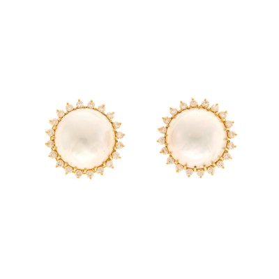 Lot 1021 - Pair of Gold, Mabé Pearl and Diamond Earrings