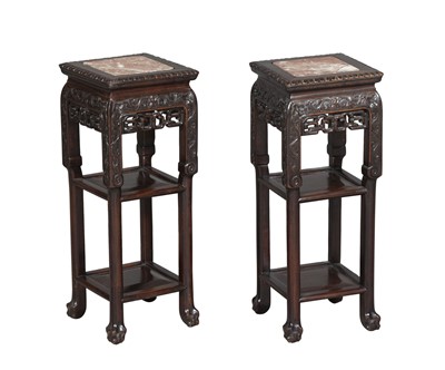 Lot 231 - Pair of Chinese Carved Rosewood Marble Inset Three-Tier Pedestals