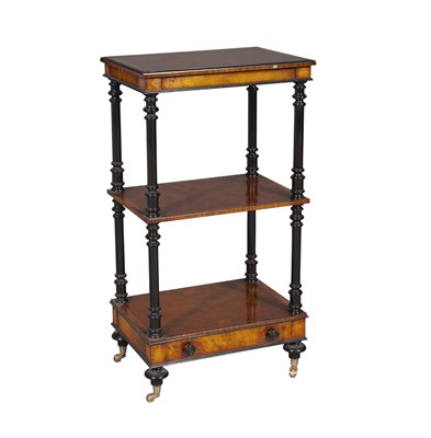 Lot 311 - Regency Style Burl Walnut and Ebonized Three-Tier Etag´ere with One Drawer