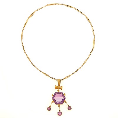 Lot 2132 - Antique Gold and Amethyst Pendant with Low Karat Gold Chain