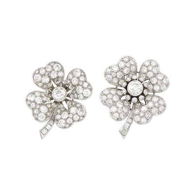 Lot 1121 - Pair of Platinum and Diamond Flower Clip-Brooches, France