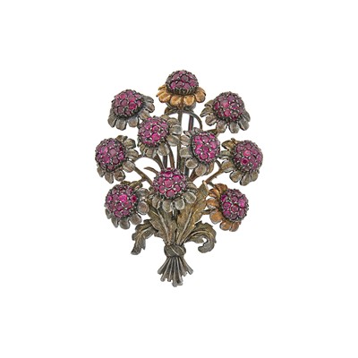 Lot 1040 - Mario Buccellati Blackened Gold, Rose Gold and Ruby Bouquet Clip-Brooch