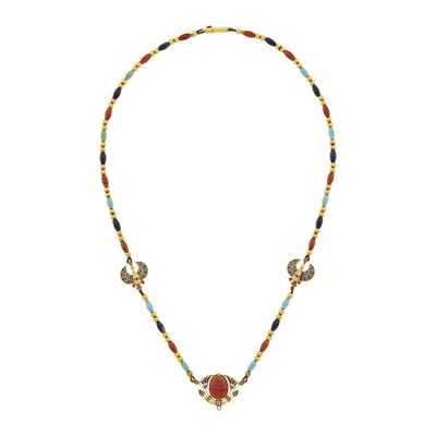 Lot 1094 - Egyptian Revival Gold, Hardstone Bead, Enamel, Diamond and Carved Carnelian Scarab Necklace