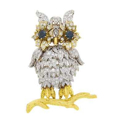 Lot 109 - Two-Color Gold, Diamond and Sapphire Owl Clip-Brooch