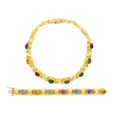 Lot 83 - Gold and Cabochon Colored Stone Necklace and Bracelet