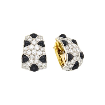 Lot 1079 - Pair of White Gold, Diamond and Black Onyx Half-Hoop Earrings