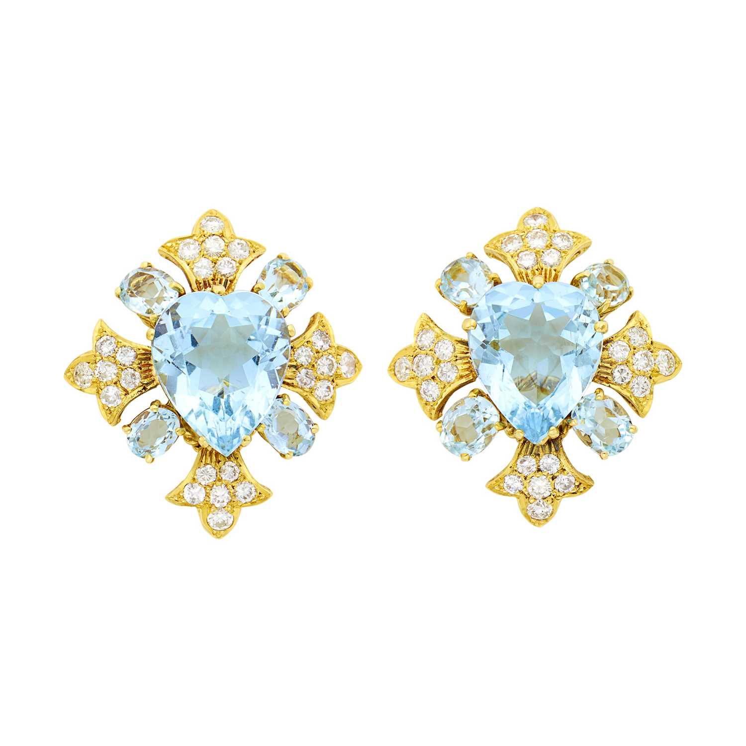 Lot 1057 - Pair of Gold, Aquamarine and Diamond Earclips