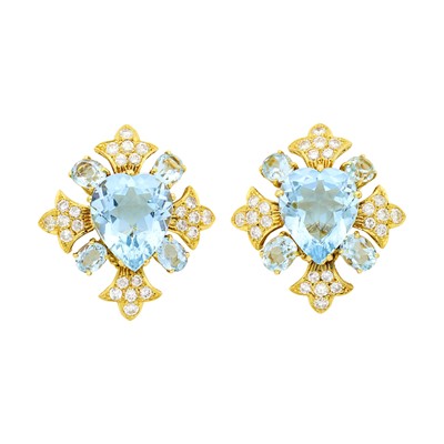 Lot 1057 - Pair of Gold, Aquamarine and Diamond Earclips