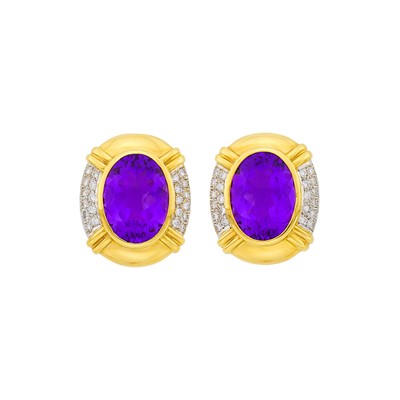 Lot 82 - Pair of Two-Color Gold, Amethyst and Diamond Earclips