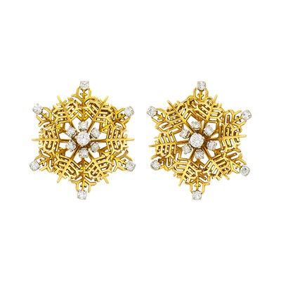 Lot 127 - Pair of Gold, Platinum and Diamond Snowflake Clip-Brooches