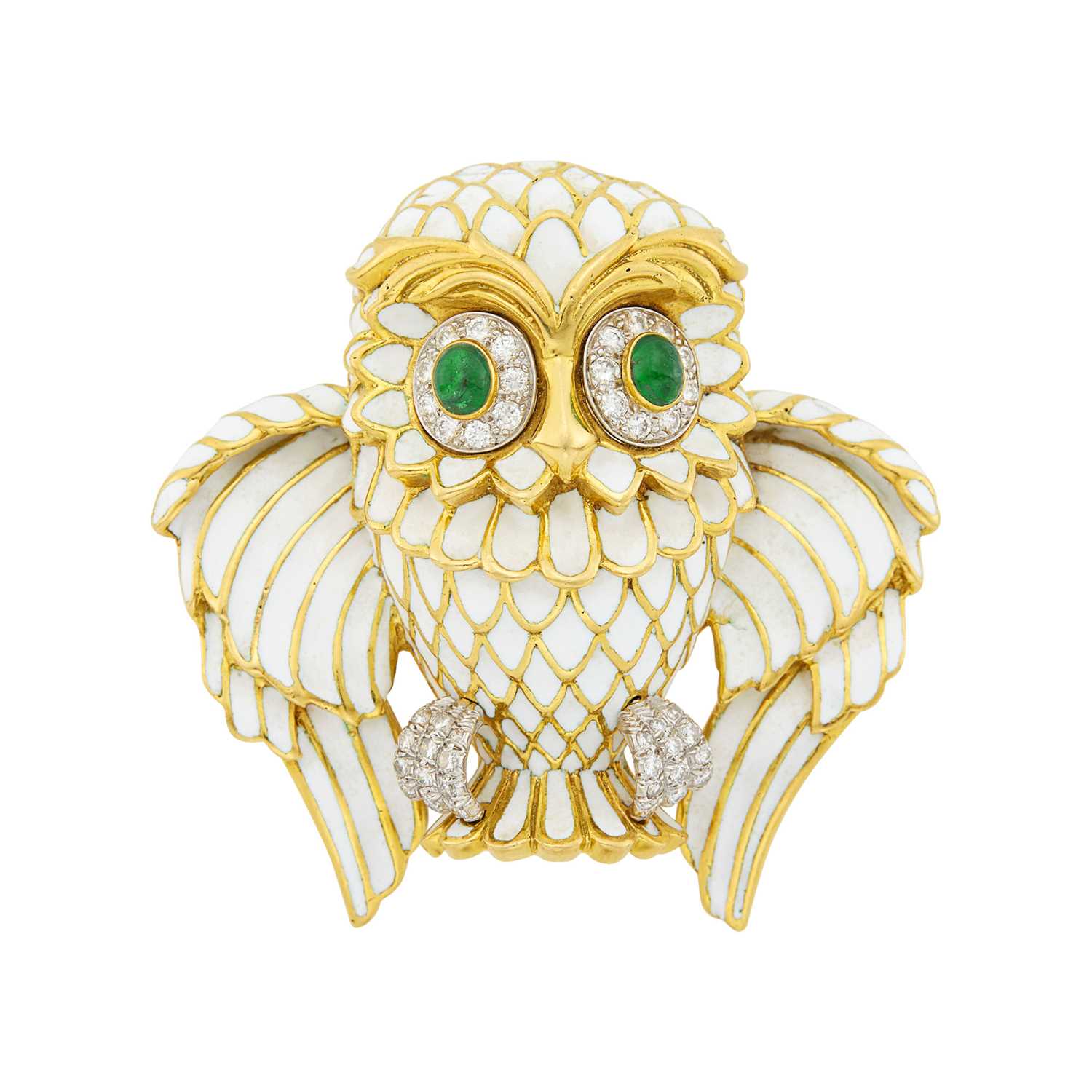 Lot 12 - Daivd Webb Gold, Platinum, White Enamel, Cabochon Emerald and Diamond Owl Clip-Brooch
