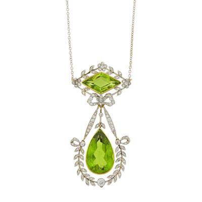 Lot 103 - Belle Époque Platinum, Gold, Peridot and Diamond Pendant with White Gold Chain Necklace