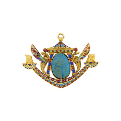 Lot 172 - Egyptian Revival Gold, Faience Scarab, Enamel, Ruby and Diamond Pendant-Brooch