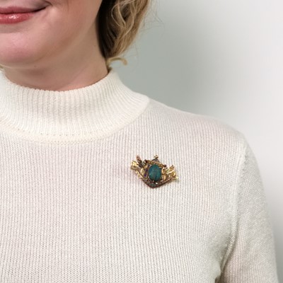 Lot 172 - Egyptian Revival Gold, Faience Scarab, Enamel, Ruby and Diamond Pendant-Brooch