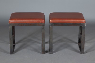 Lot 421 - Pair of Run Run Studio Leather Upholstered Patinated Metal Stools