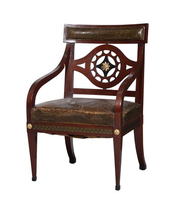 Lot 209 - Russian  Brass-Inlaid Mahogany and   Leather-Upholstered Open Armchair