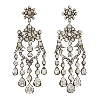 Lot 110 - Pair of Antique Silver, Gold and Diamond Pendant-Earrings