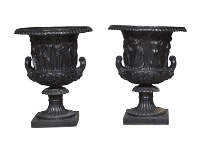 Lot 194 - Pair of Neoclassical Style Cast Iron  Campana-Form Garden Urns