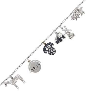 Lot 115 - Platinum, Diamond and Black Enamel Charm Bracelet