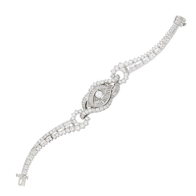 Lot 1066 - Platinum and Diamond Bracelet-Watch