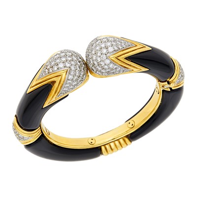 Lot 191 - Van Cleef & Arpels Gold, Platinum, Black Onyx and Diamond Bangle Bracelet