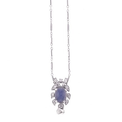 Lot 1089 - White Gold, Star Sapphire and Diamond Pendant with Chain Necklace