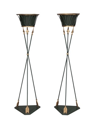 Lot 237 - Pair of Green and Gilt Painted Tole Tall Jardinieres