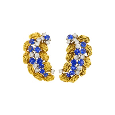 Lot 117 - Jacques Timey Pair of Gold, Sapphire and Diamond Leaf Earclips