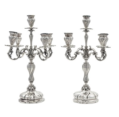 Lot 60 - Pair of Buccellati Louis XV Style Sterling Silver Five-Light Candelabra